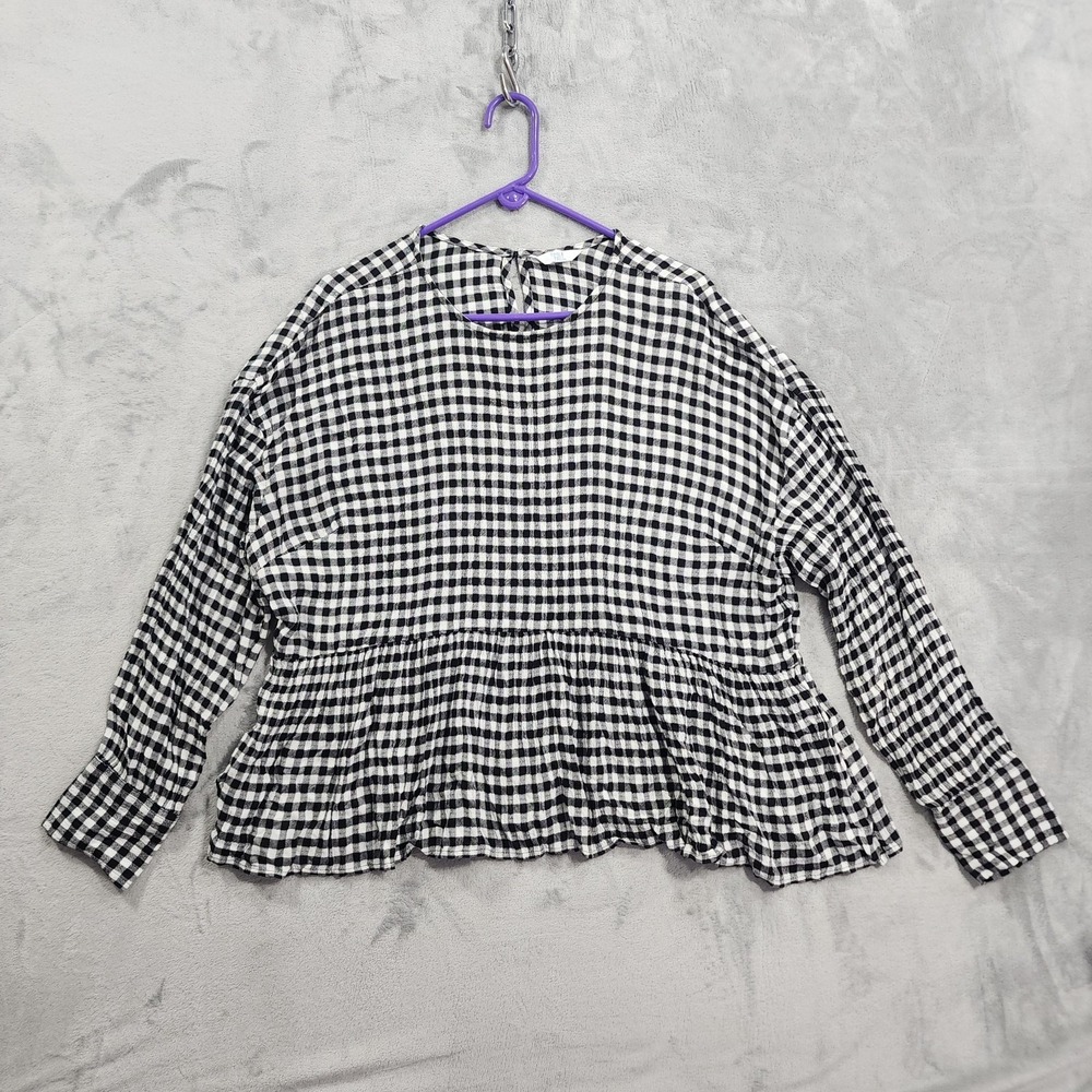 Time And Tru Top Womens XL Black Gingham Check Peplumβ Ruffle Hem Long Sleeve